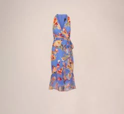 Adrianna Papell Floral Print Faux Wrap Halter Dress With Ruffle Details In Peri Multi 14 Adrianna Papell Floral Print Faux Wrap Halter Dress With Ruffle Details In Peri Multi -Adrianna Papell Shop AP1D105007 AC494 Regular Flat