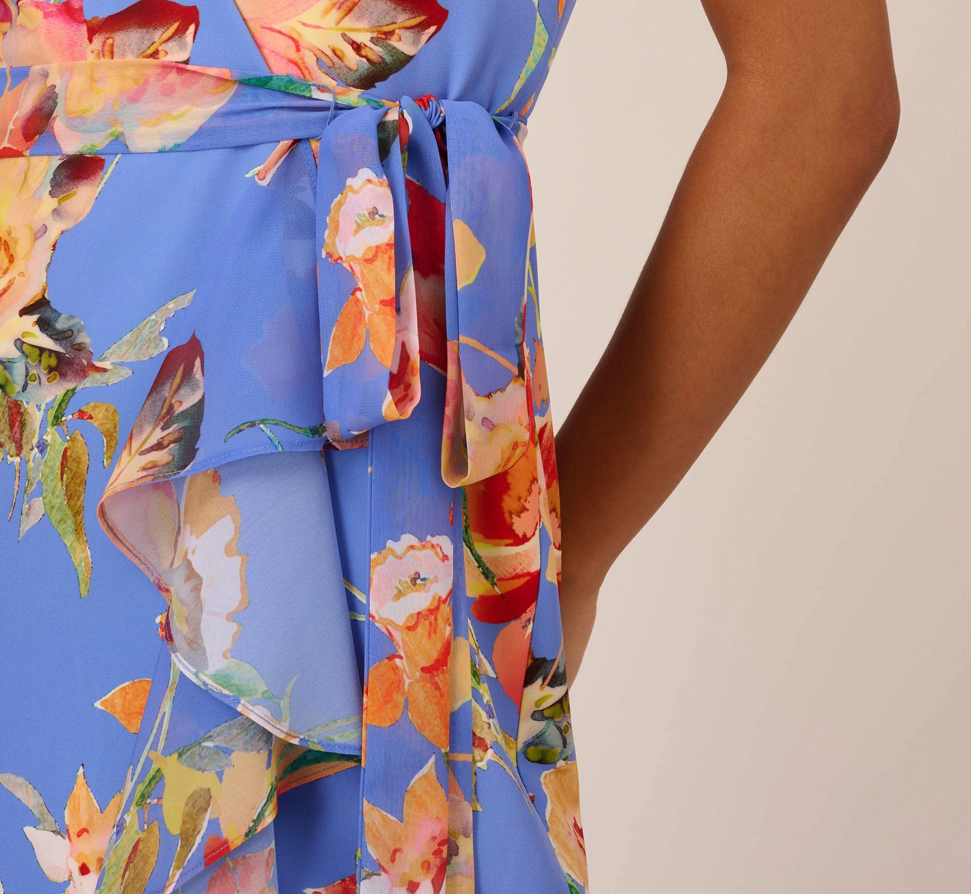 Adrianna Papell Floral Print Faux Wrap Halter Dress With Ruffle Details In Peri Multi 5 Adrianna Papell Floral Print Faux Wrap Halter Dress With Ruffle Details In Peri Multi - Image 5