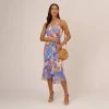 Adrianna Papell Floral Print Faux Wrap Halter Dress With Ruffle Details In Peri Multi