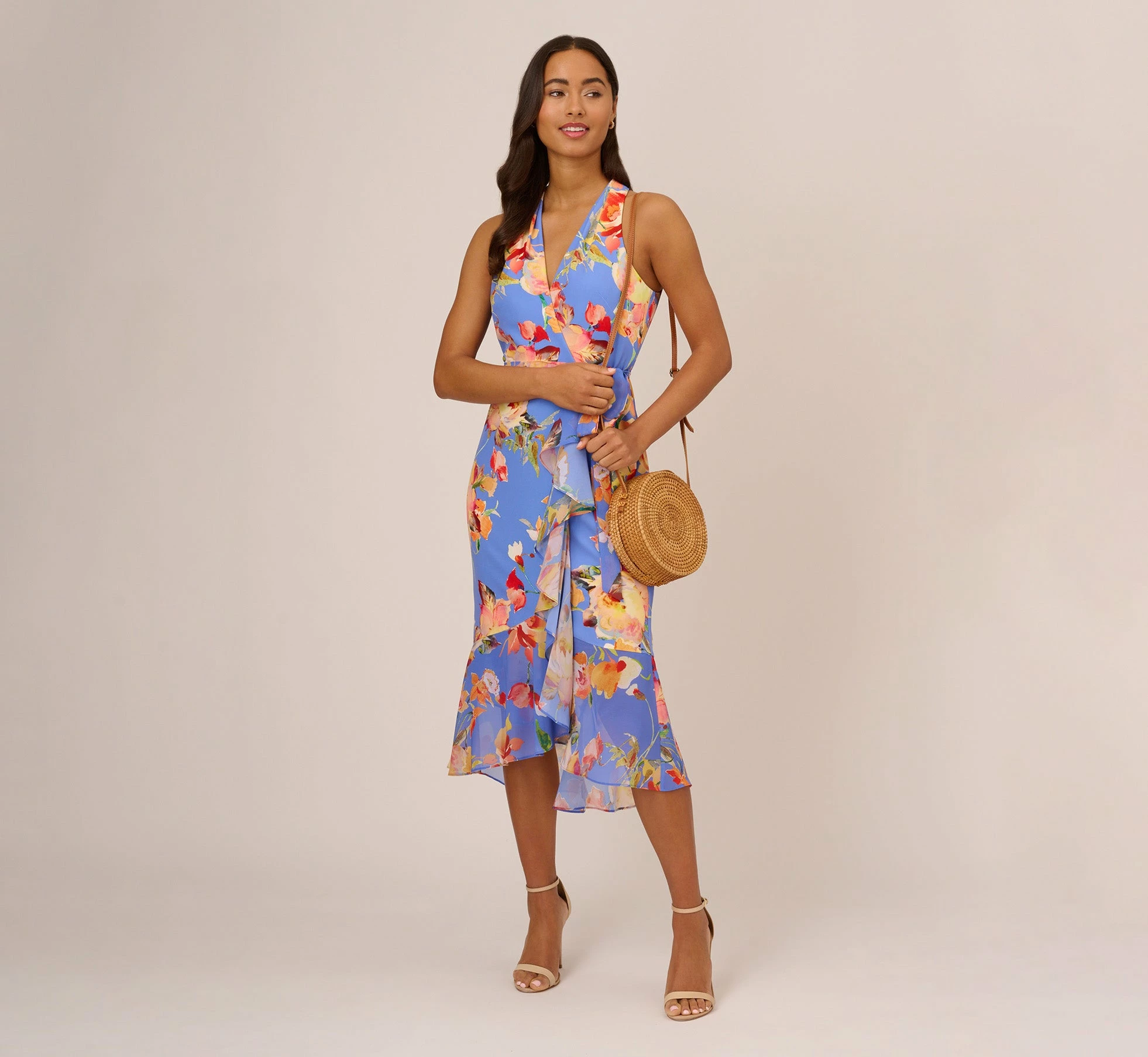 Adrianna Papell Floral Print Faux Wrap Halter Dress With Ruffle Details In Peri Multi 1 Adrianna Papell Floral Print Faux Wrap Halter Dress With Ruffle Details In Peri Multi