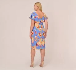 Adrianna Papell Plus Size Flutter Sleeve Floral Print Dress With Tie Front In Peri Multi 9 Adrianna Papell Plus Size Flutter Sleeve Floral Print Dress With Tie Front In Peri Multi -Adrianna Papell Shop AP1D105008 AC494 Plus Back