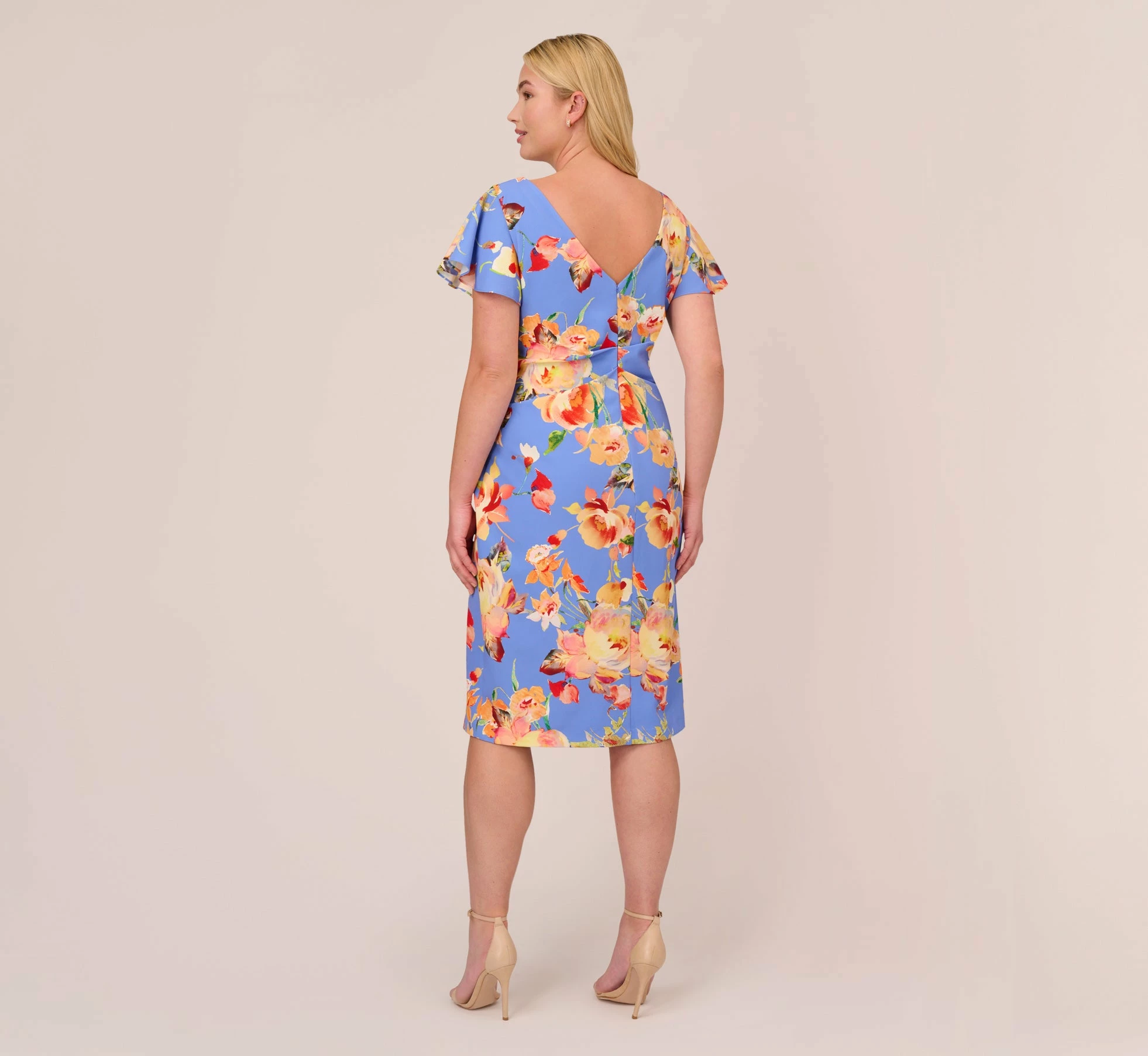 Adrianna Papell Plus Size Flutter Sleeve Floral Print Dress With Tie Front In Peri Multi 4 Adrianna Papell Plus Size Flutter Sleeve Floral Print Dress With Tie Front In Peri Multi - Image 4