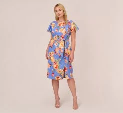 Adrianna Papell Plus Size Flutter Sleeve Floral Print Dress With Tie Front In Peri Multi