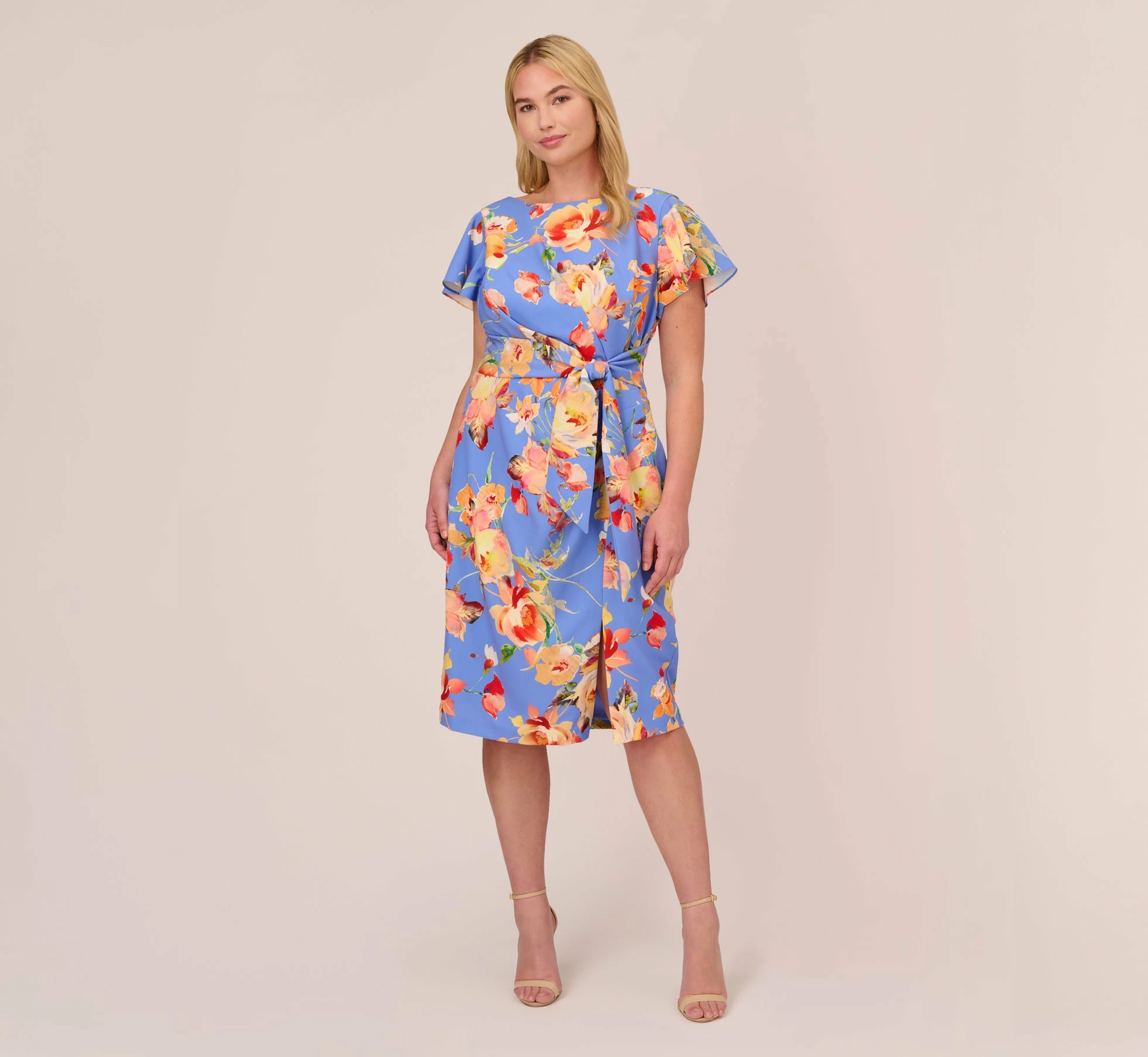 Adrianna Papell Plus Size Flutter Sleeve Floral Print Dress With Tie Front In Peri Multi 1 Adrianna Papell Plus Size Flutter Sleeve Floral Print Dress With Tie Front In Peri Multi