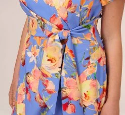 Adrianna Papell Plus Size Flutter Sleeve Floral Print Dress With Tie Front In Peri Multi 8 Adrianna Papell Plus Size Flutter Sleeve Floral Print Dress With Tie Front In Peri Multi -Adrianna Papell Shop AP1D105008 AC494 Plus Lifestyle