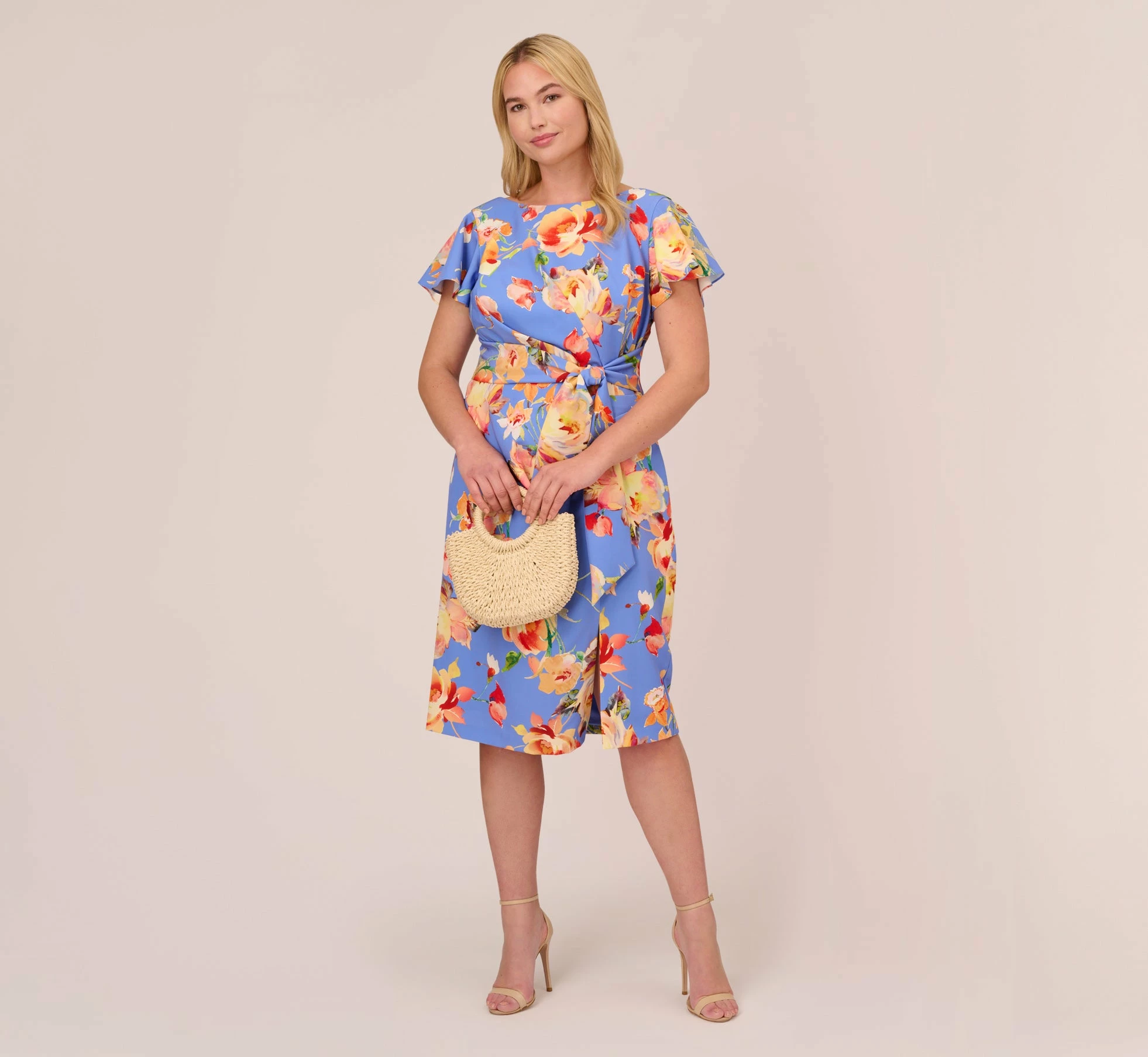 Adrianna Papell Plus Size Flutter Sleeve Floral Print Dress With Tie Front In Peri Multi 2 Adrianna Papell Plus Size Flutter Sleeve Floral Print Dress With Tie Front In Peri Multi - Image 2
