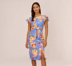 Adrianna Papell Flutter Sleeve Floral Print Dress With Tie Front In Peri Multi