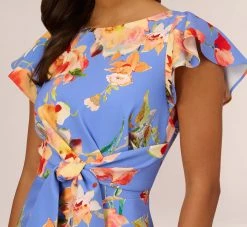 Adrianna Papell Flutter Sleeve Floral Print Dress With Tie Front In Peri Multi -Adrianna Papell Shop AP1D105008 AC494 Regular Detail