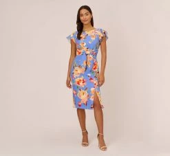Adrianna Papell Flutter Sleeve Floral Print Dress With Tie Front In Peri Multi -Adrianna Papell Shop AP1D105008 AC494 Regular Front