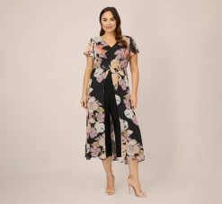 Adrianna Papell Plus Size Floral-Print Chiffon And Jersey Cropped Jumpsuit In Black Multi