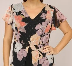 Adrianna Papell Plus Size Floral-Print Chiffon And Jersey Cropped Jumpsuit In Black Multi -Adrianna Papell Shop AP1D105012 AF980 Plus Detail