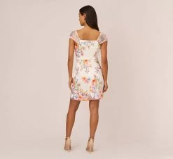 Adrianna Papell Multicolor Floral Embroidered Dress With Sheer Cap Sleeves In Ivory Multi -Adrianna Papell Shop AP1D105015 AA178 Regular Back