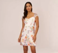 Adrianna Papell Multicolor Floral Embroidered Dress With Sheer Cap Sleeves In Ivory Multi
