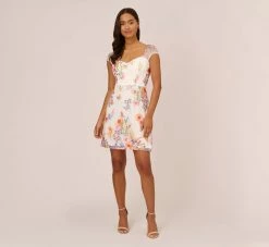 Adrianna Papell Multicolor Floral Embroidered Dress With Sheer Cap Sleeves In Ivory Multi -Adrianna Papell Shop AP1D105015 AA178 Regular Front