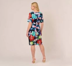 Adrianna Papell Plus Size Floral Knotted Sheath Dress With Elbow-Length Sleeves In Dark Navy Multi -Adrianna Papell Shop AP1D105033 BF410 Plus Back