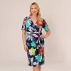 Adrianna Papell Plus Size Floral Knotted Sheath Dress With Elbow-Length Sleeves In Dark Navy Multi
