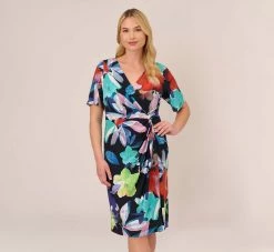 Adrianna Papell Plus Size Floral Knotted Sheath Dress With Elbow-Length Sleeves In Dark Navy Multi