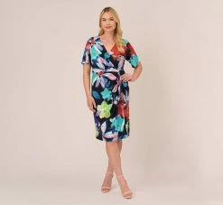 Adrianna Papell Plus Size Floral Knotted Sheath Dress With Elbow-Length Sleeves In Dark Navy Multi -Adrianna Papell Shop AP1D105033 BF410 Plus Front