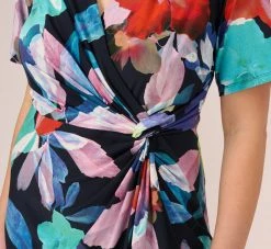 Adrianna Papell Plus Size Floral Knotted Sheath Dress With Elbow-Length Sleeves In Dark Navy Multi -Adrianna Papell Shop AP1D105033 BF410 Plus Lifestyle