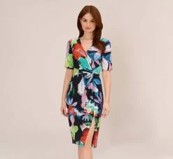 Adrianna Papell Floral Knotted Sheath Dress With Elbow-Length Sleeves In Dark Navy Multi