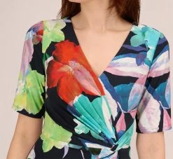 Adrianna Papell Floral Knotted Sheath Dress With Elbow-Length Sleeves In Dark Navy Multi -Adrianna Papell Shop AP1D105033 BF410 Regular Detail