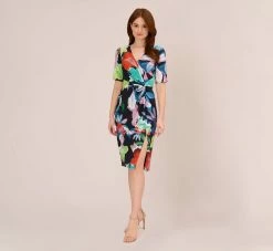 Adrianna Papell Floral Knotted Sheath Dress With Elbow-Length Sleeves In Dark Navy Multi -Adrianna Papell Shop AP1D105033 BF410 Regular Front