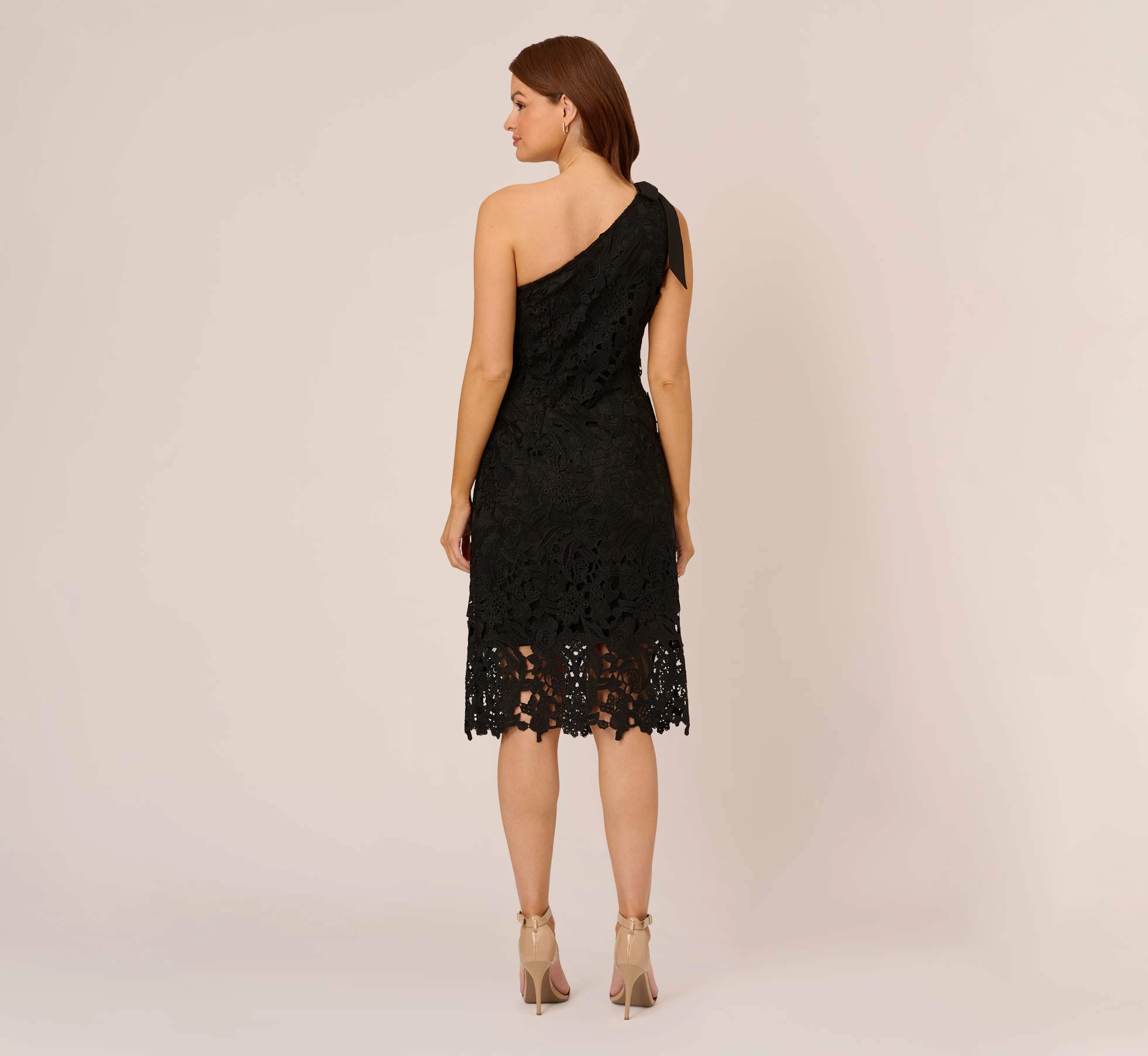 Adrianna Papell One Shoulder Lace Sheath Dress With Bow Accent In Black 4 Adrianna Papell One Shoulder Lace Sheath Dress With Bow Accent In Black - Image 4