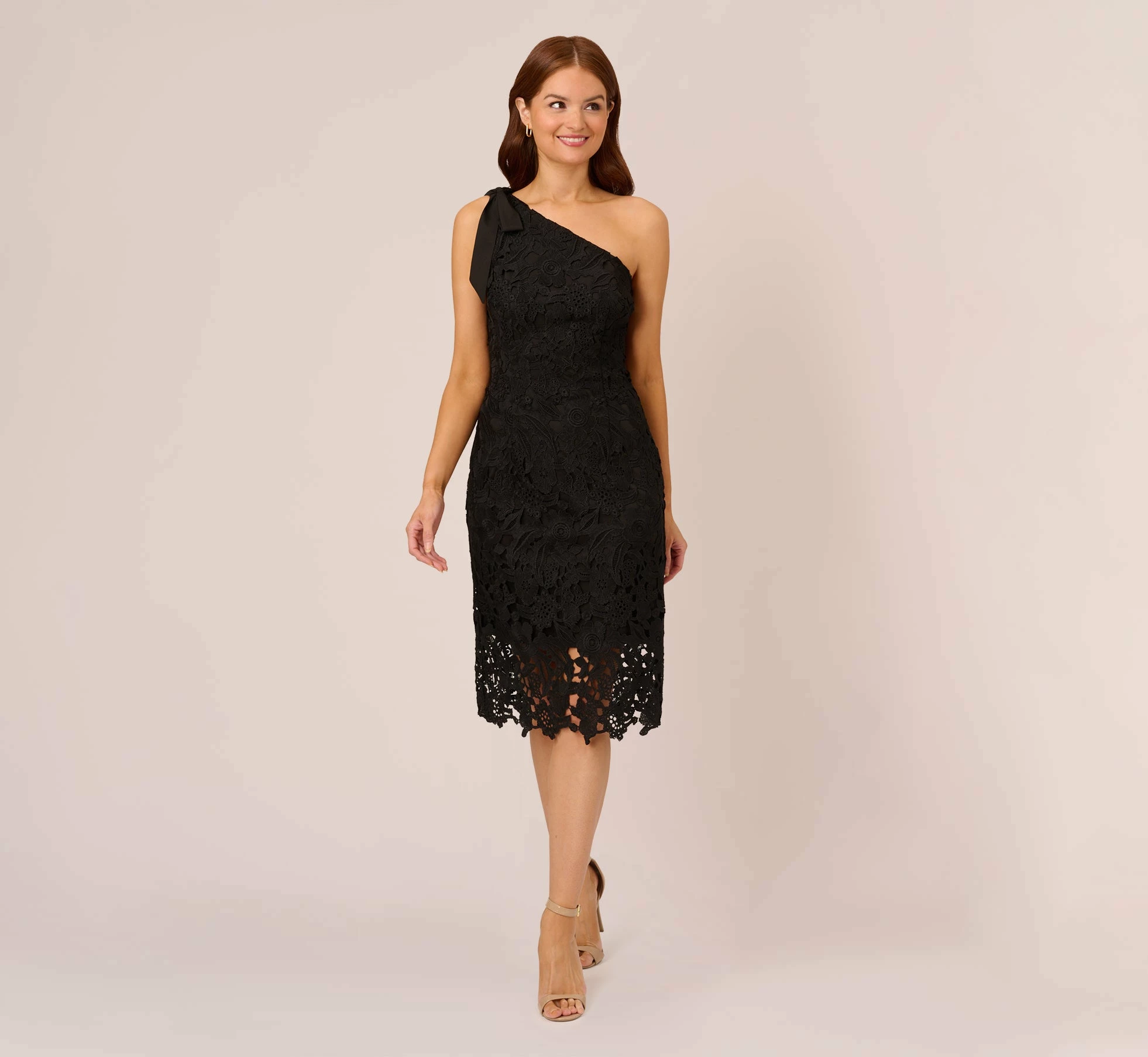 Adrianna Papell One Shoulder Lace Sheath Dress With Bow Accent In Black 2 Adrianna Papell One Shoulder Lace Sheath Dress With Bow Accent In Black - Image 2