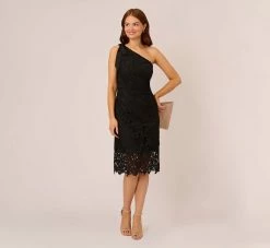 Adrianna Papell One Shoulder Lace Sheath Dress With Bow Accent In Black