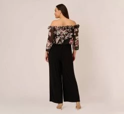 Adrianna Papell Plus Size Off The Shoulder Jumpsuit With Floral Embroidered Bodice In Black Multi 9 Adrianna Papell Plus Size Off The Shoulder Jumpsuit With Floral Embroidered Bodice In Black Multi -Adrianna Papell Shop AP1D105037 AA963 Plus Back