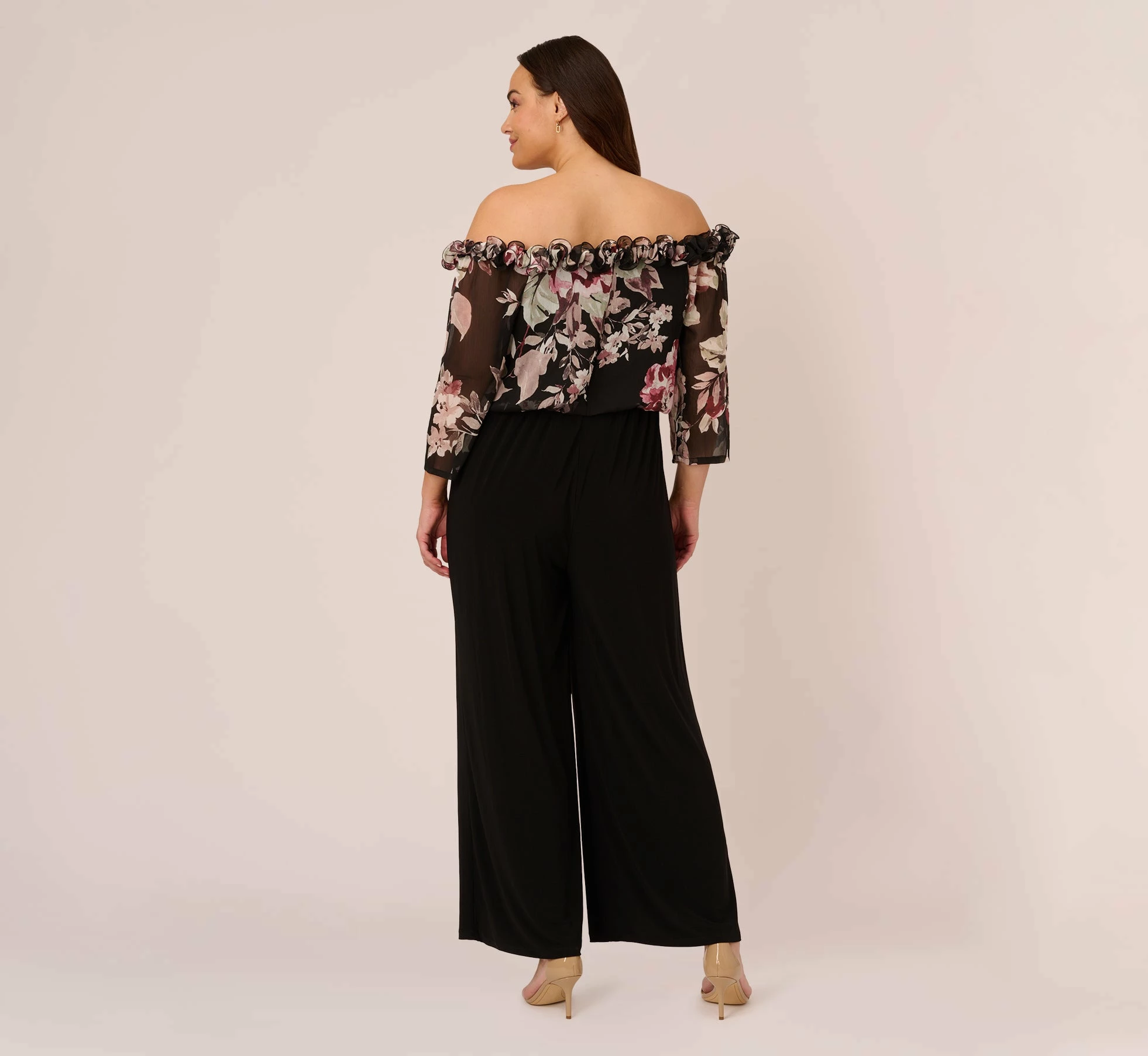 Adrianna Papell Plus Size Off The Shoulder Jumpsuit With Floral Embroidered Bodice In Black Multi 4 Adrianna Papell Plus Size Off The Shoulder Jumpsuit With Floral Embroidered Bodice In Black Multi - Image 4