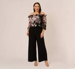 Adrianna Papell Plus Size Off The Shoulder Jumpsuit With Floral Embroidered Bodice In Black Multi