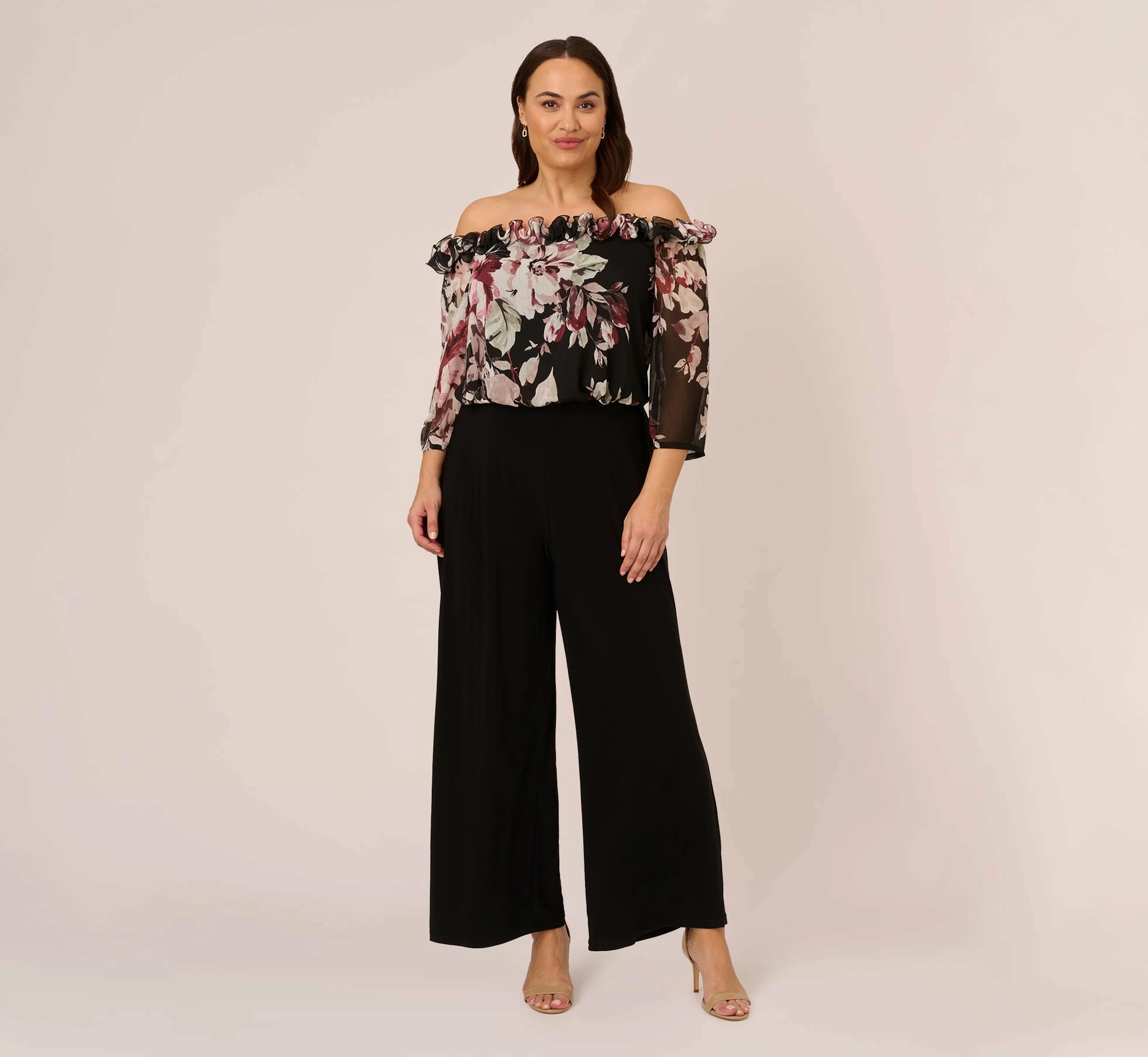 Adrianna Papell Plus Size Off The Shoulder Jumpsuit With Floral Embroidered Bodice In Black Multi 1 Adrianna Papell Plus Size Off The Shoulder Jumpsuit With Floral Embroidered Bodice In Black Multi