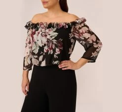 Adrianna Papell Plus Size Off The Shoulder Jumpsuit With Floral Embroidered Bodice In Black Multi 8 Adrianna Papell Plus Size Off The Shoulder Jumpsuit With Floral Embroidered Bodice In Black Multi -Adrianna Papell Shop AP1D105037 AA963 Plus Detail