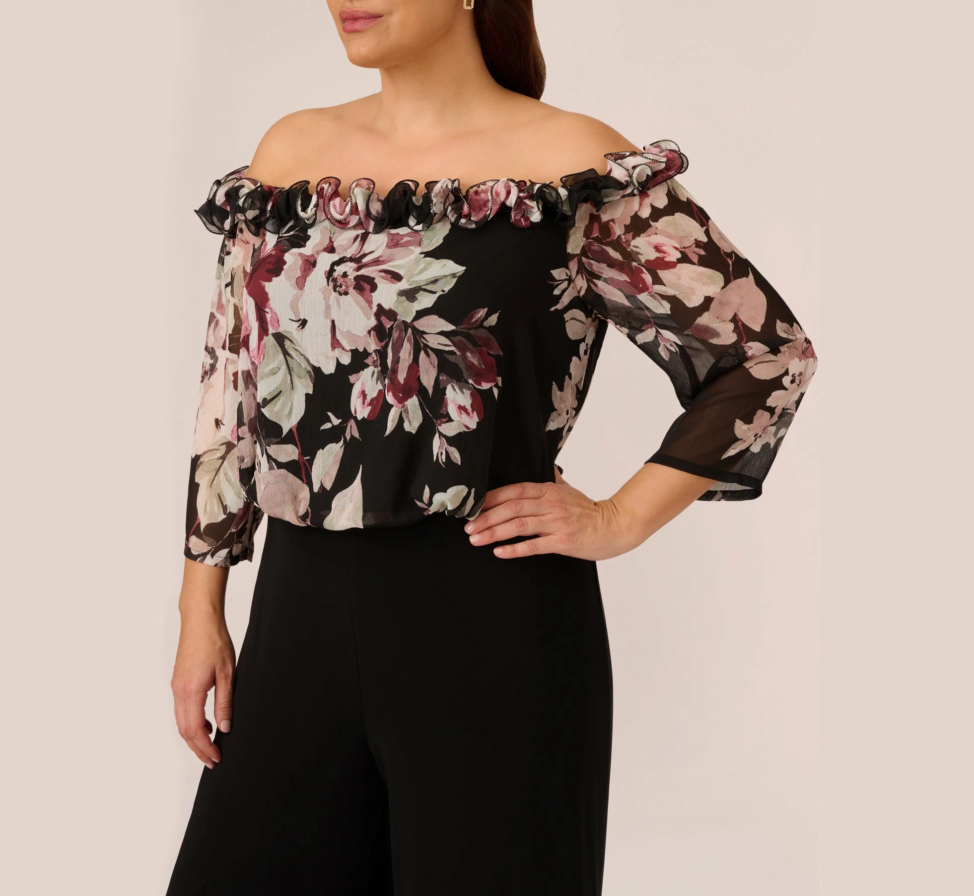 Adrianna Papell Plus Size Off The Shoulder Jumpsuit With Floral Embroidered Bodice In Black Multi 3 Adrianna Papell Plus Size Off The Shoulder Jumpsuit With Floral Embroidered Bodice In Black Multi - Image 3