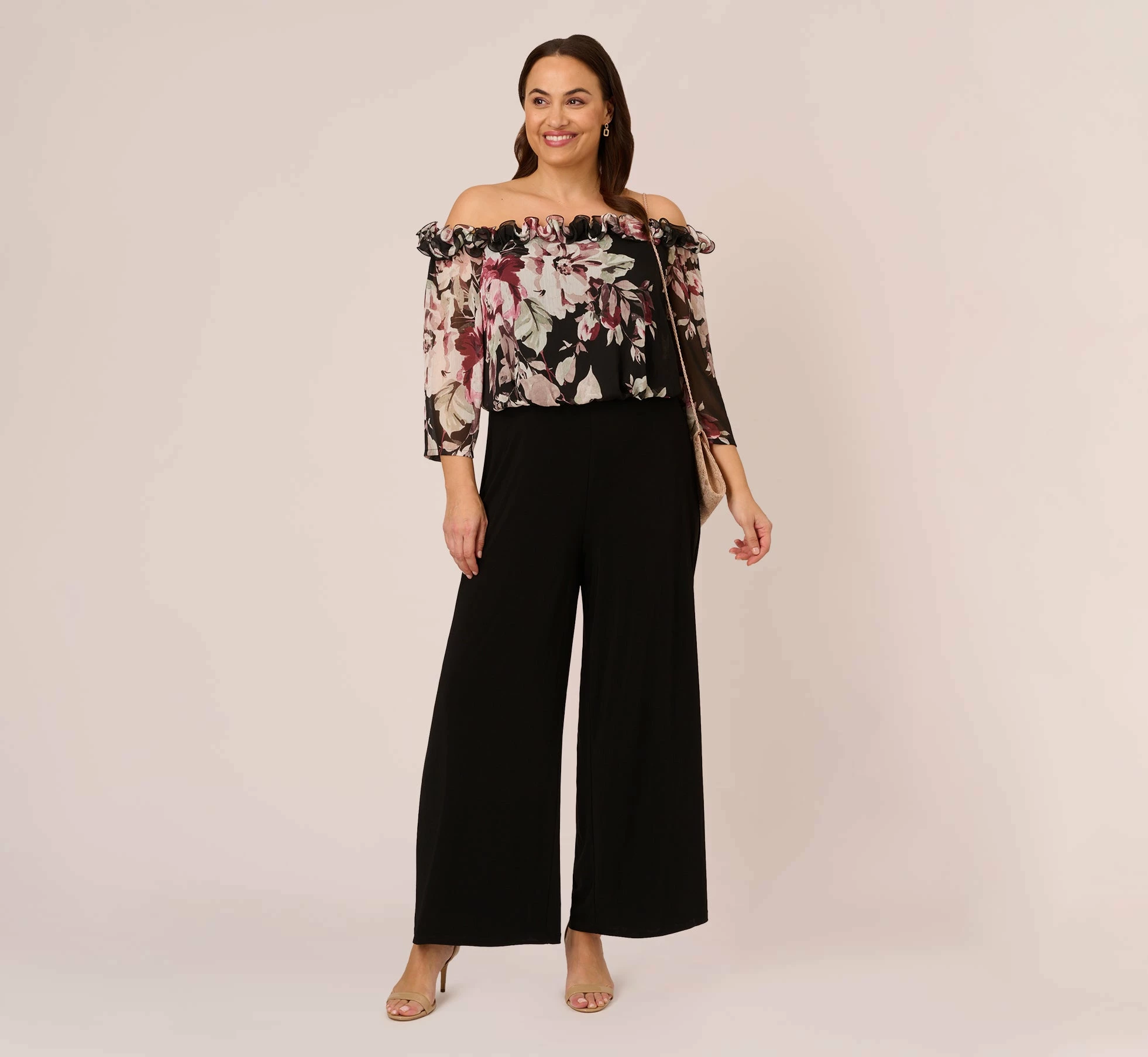Adrianna Papell Plus Size Off The Shoulder Jumpsuit With Floral Embroidered Bodice In Black Multi 2 Adrianna Papell Plus Size Off The Shoulder Jumpsuit With Floral Embroidered Bodice In Black Multi - Image 2