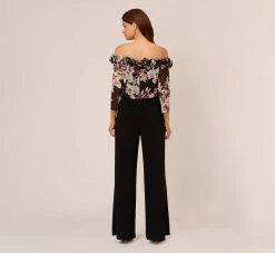 Adrianna Papell Off The Shoulder Jumpsuit With Floral Embroidered Bodice In Black Multi 9 Adrianna Papell Off The Shoulder Jumpsuit With Floral Embroidered Bodice In Black Multi -Adrianna Papell Shop AP1D105037 AA963 Regular Back