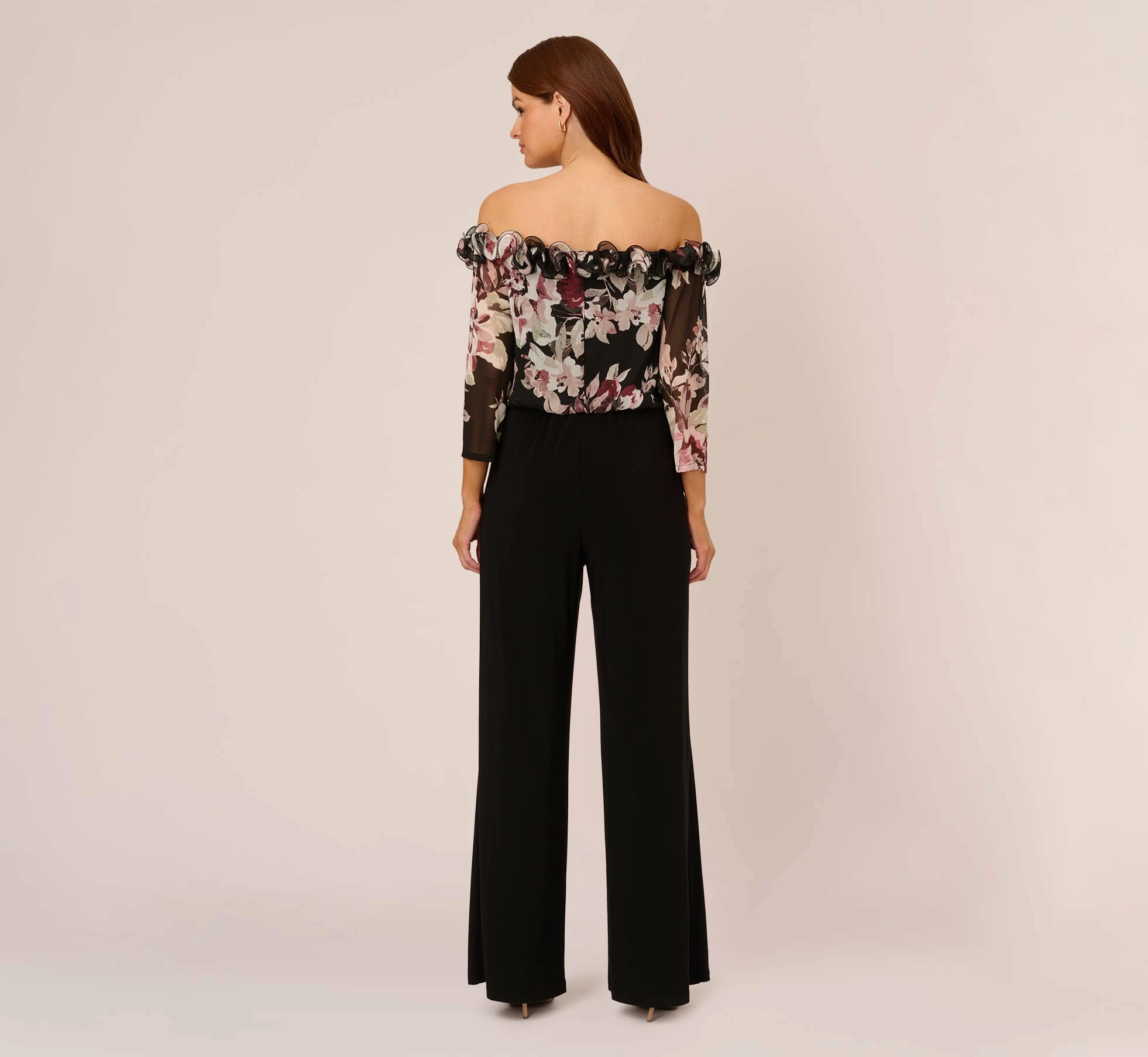 Adrianna Papell Off The Shoulder Jumpsuit With Floral Embroidered Bodice In Black Multi 4 Adrianna Papell Off The Shoulder Jumpsuit With Floral Embroidered Bodice In Black Multi - Image 4