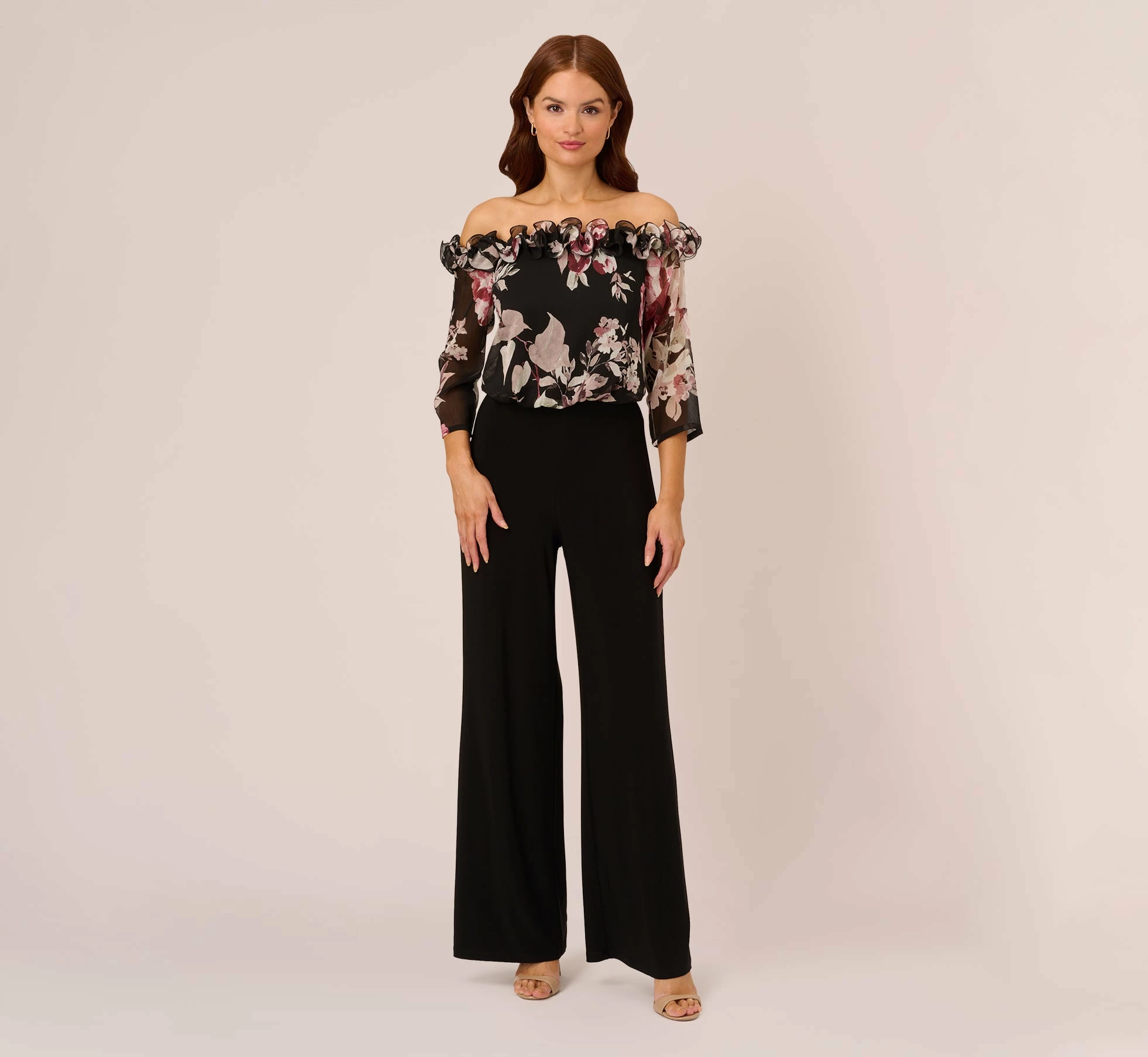 Adrianna Papell Off The Shoulder Jumpsuit With Floral Embroidered Bodice In Black Multi 2 Adrianna Papell Off The Shoulder Jumpsuit With Floral Embroidered Bodice In Black Multi - Image 2