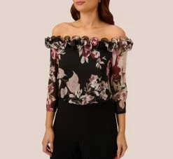 Adrianna Papell Off The Shoulder Jumpsuit With Floral Embroidered Bodice In Black Multi 8 Adrianna Papell Off The Shoulder Jumpsuit With Floral Embroidered Bodice In Black Multi -Adrianna Papell Shop AP1D105037 AA963 Regular Detail