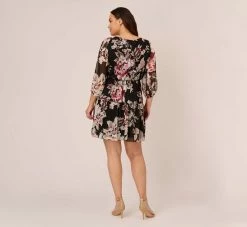 Adrianna Papell Plus Size Floral Chiffon Dress With Three Quarter Length Sleeves In Black Multi -Adrianna Papell Shop AP1D105038 AA963 Plus Back