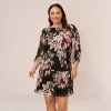 Adrianna Papell Plus Size Floral Chiffon Dress With Three Quarter Length Sleeves In Black Multi