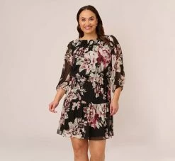 Adrianna Papell Plus Size Floral Chiffon Dress With Three Quarter Length Sleeves In Black Multi
