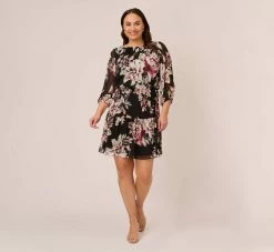 Adrianna Papell Plus Size Floral Chiffon Dress With Three Quarter Length Sleeves In Black Multi -Adrianna Papell Shop AP1D105038 AA963 Plus Front