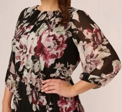 Adrianna Papell Plus Size Floral Chiffon Dress With Three Quarter Length Sleeves In Black Multi -Adrianna Papell Shop AP1D105038 AA963 Plus Lifestyle