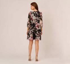 Adrianna Papell Floral Chiffon Dress With Three Quarter Length Sleeves In Black Multi -Adrianna Papell Shop AP1D105038 AA963 Regular Back