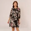 Adrianna Papell Floral Chiffon Dress With Three Quarter Length Sleeves In Black Multi