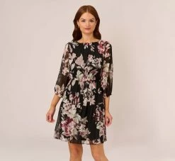 Adrianna Papell Floral Chiffon Dress With Three Quarter Length Sleeves In Black Multi