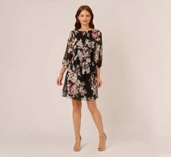 Adrianna Papell Floral Chiffon Dress With Three Quarter Length Sleeves In Black Multi -Adrianna Papell Shop AP1D105038 AA963 Regular Front
