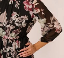 Adrianna Papell Floral Chiffon Dress With Three Quarter Length Sleeves In Black Multi -Adrianna Papell Shop AP1D105038 AA963 Regular Lifestyle